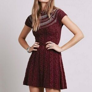 Free People Red Wool Alpaca Nordic Nights Metallic Cable Knit Sweater Dress